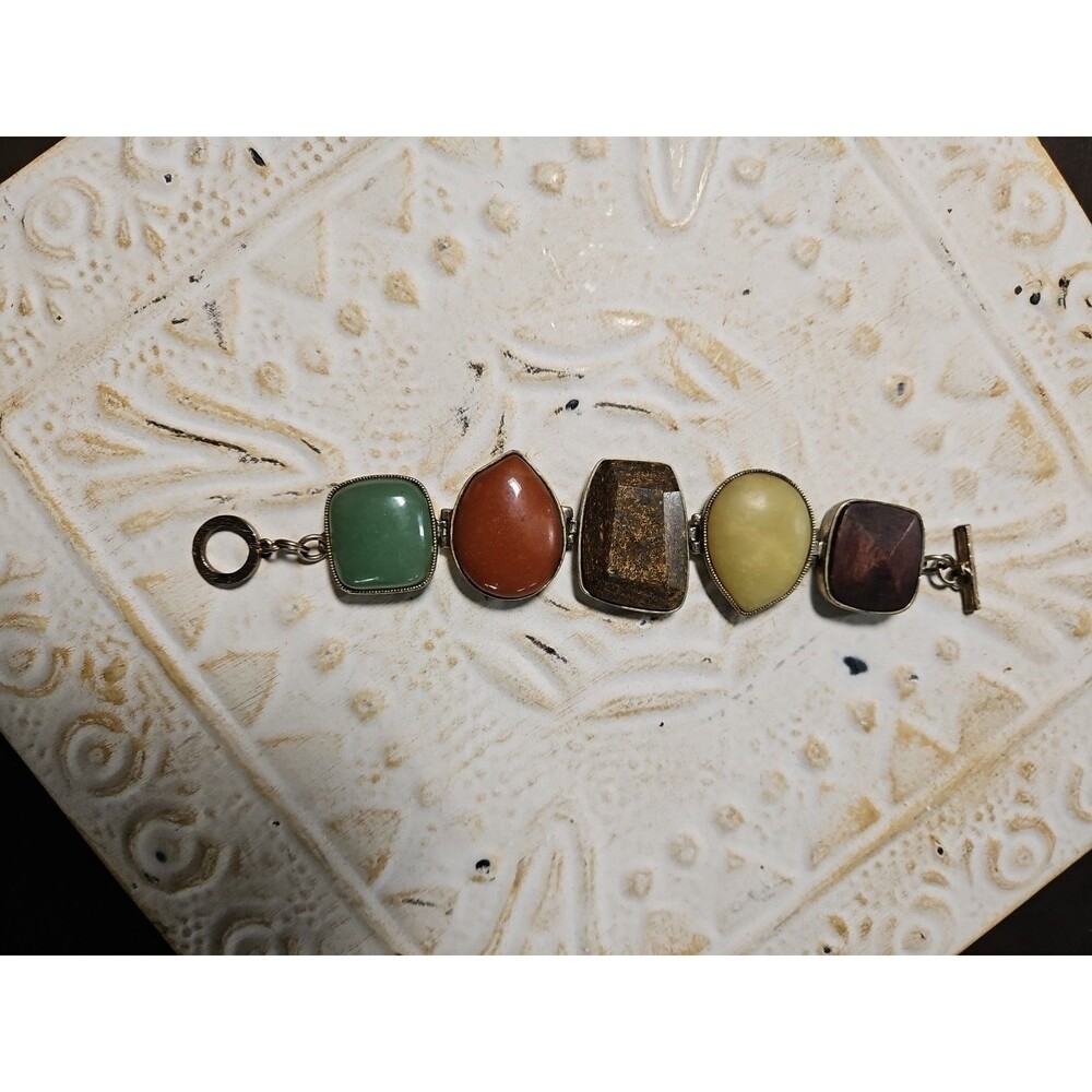 Fossil Signed Gemstone Bracelet Jade Carnelian Granite Wood Cabochon Boho Wide